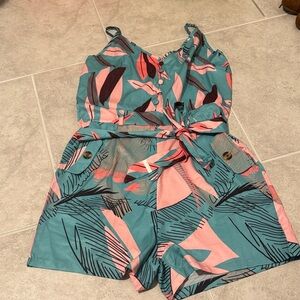Tropical Print Romper with Tie Waist